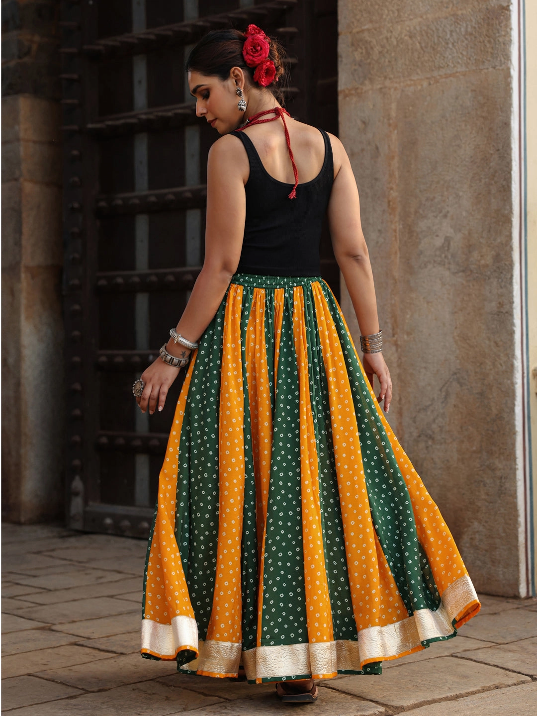 Women's Dual Coloured Bandhani Printed Long Skirt Eco Friendly Dye