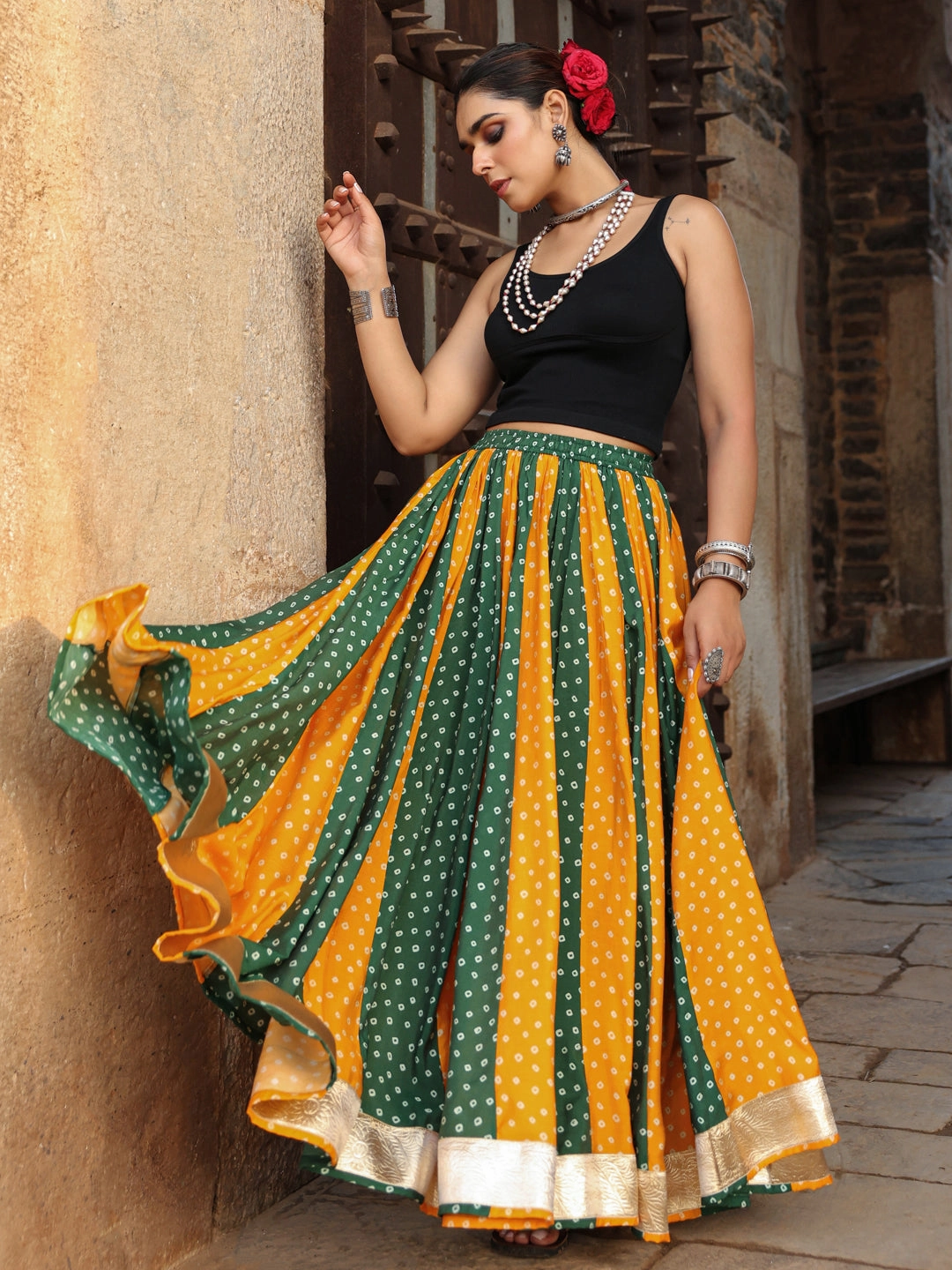 Women's Dual Coloured Bandhani Printed Long Skirt Vegan Material