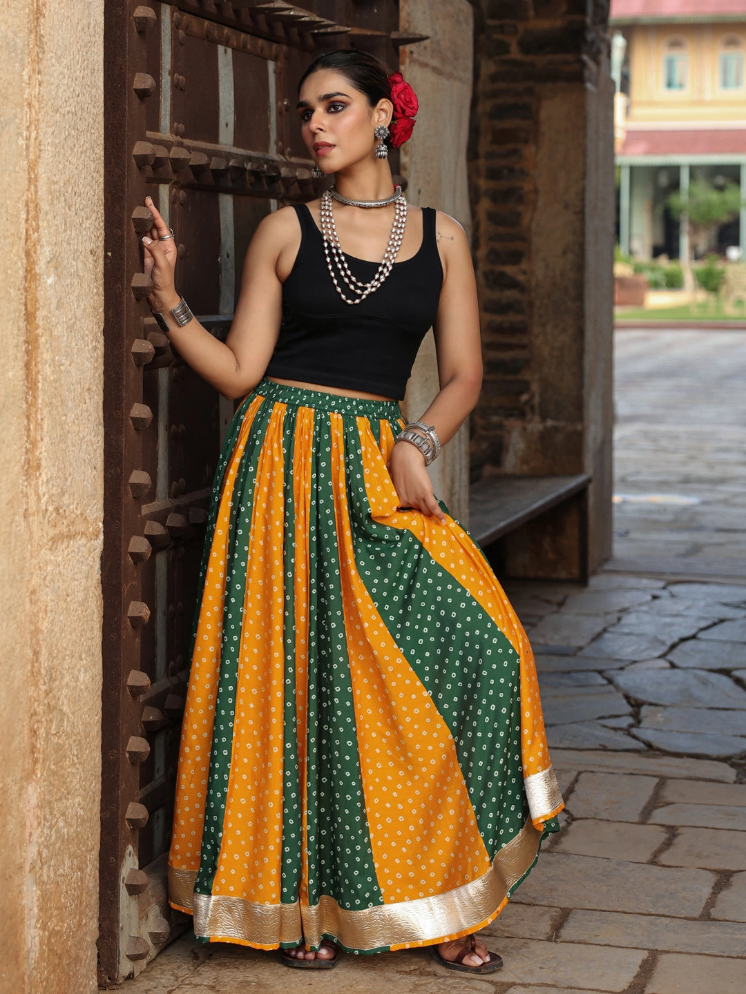 Women's Dual Coloured Bandhani Printed Long Skirt Street Style