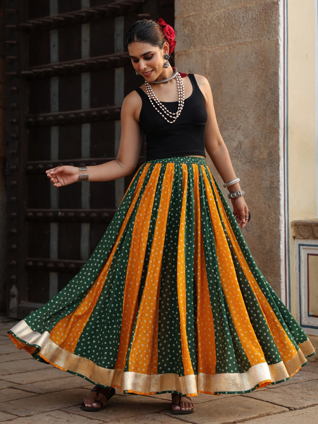 Women's Dual Coloured Bandhani Printed Long Skirt Non Irritating Seams quick dry