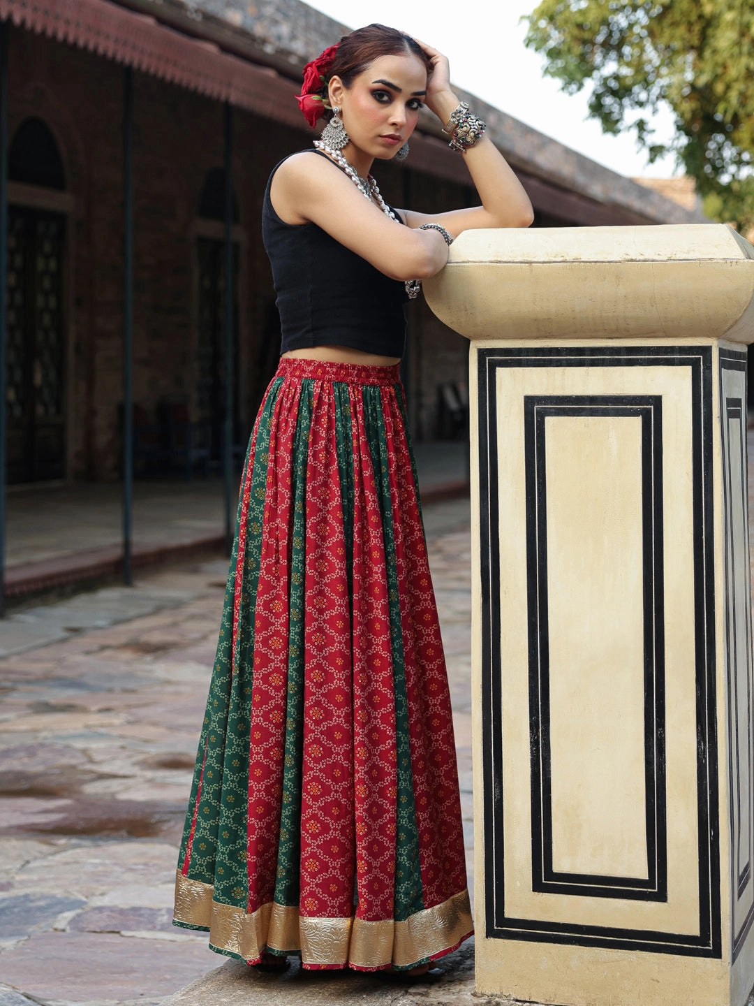 Figure Flattering Mid Rise Women's Dual Coloured Bandhani Printed Long Skirt