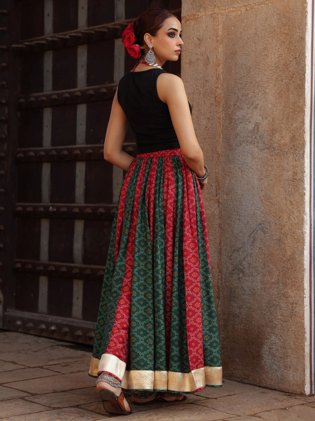 Women's Dual Coloured Bandhani Printed Long Skirt Sustainable Innovation Casual Moments
