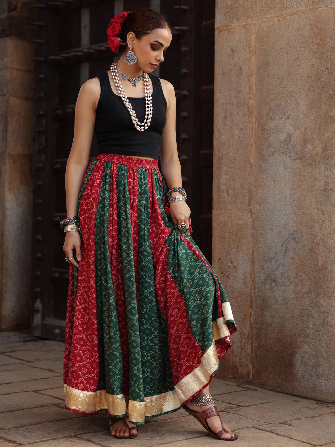 Dance Practice Women's Dual Coloured Bandhani Printed Long Skirt