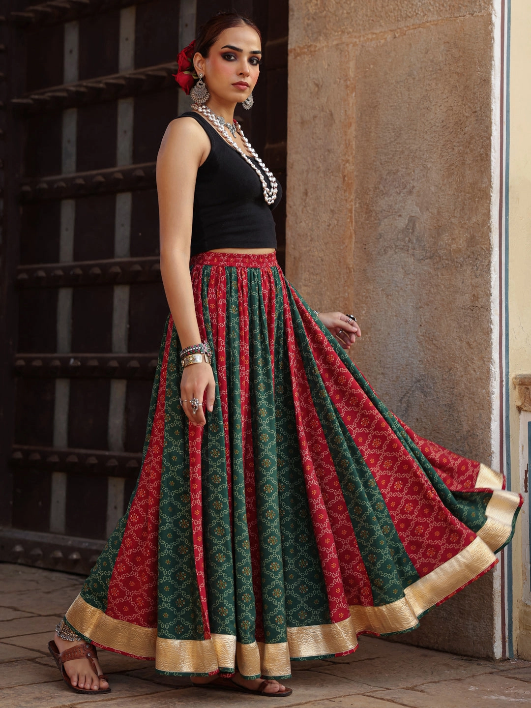 Women's Dual Coloured Bandhani Printed Long Skirt Maternity Friendly