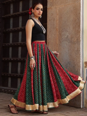 Women's Dual Coloured Bandhani Printed Long Skirt Maternity Friendly