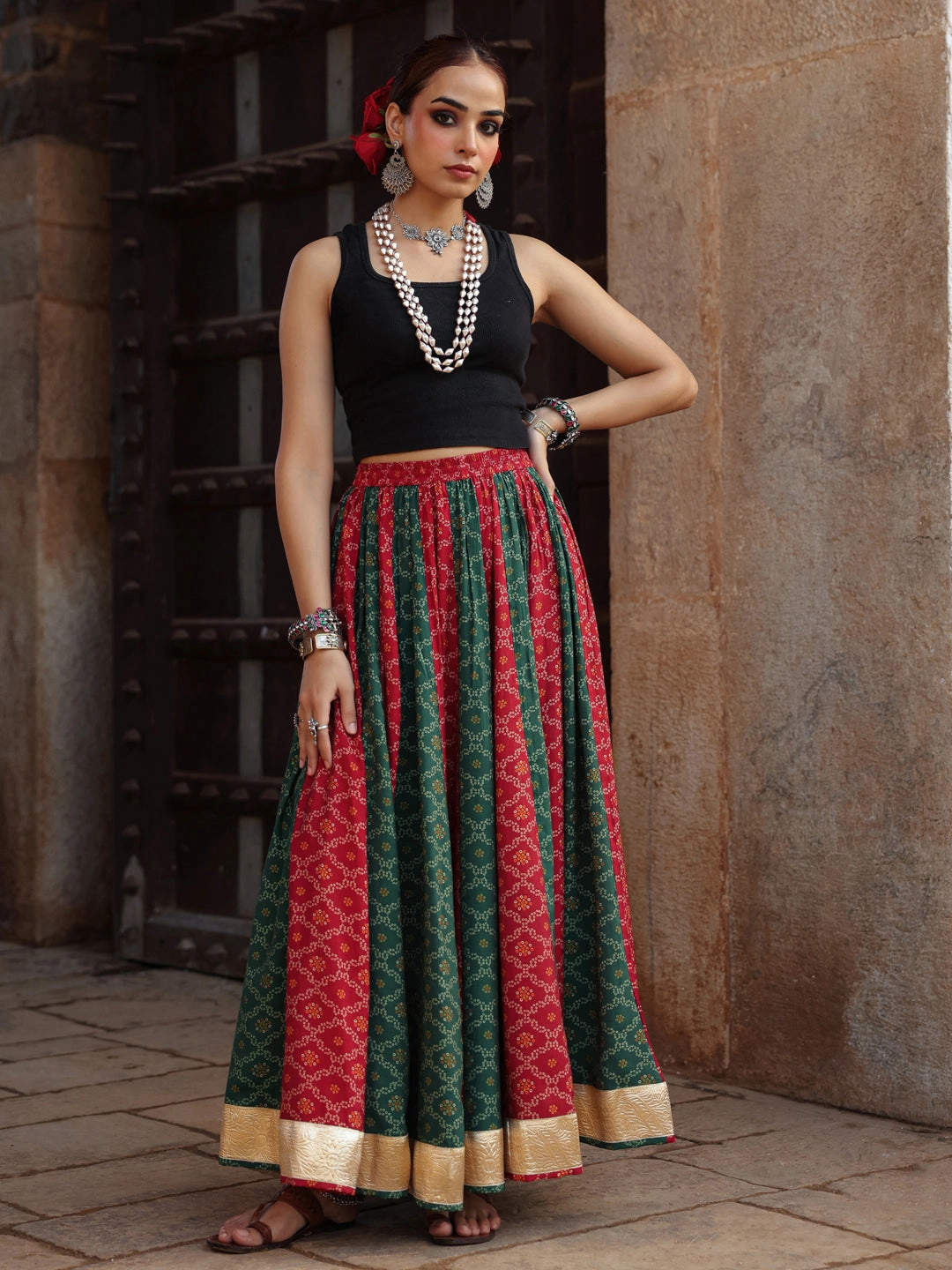 Women's Dual Coloured Bandhani Printed Long Skirt Urban Pulse Soft Motion