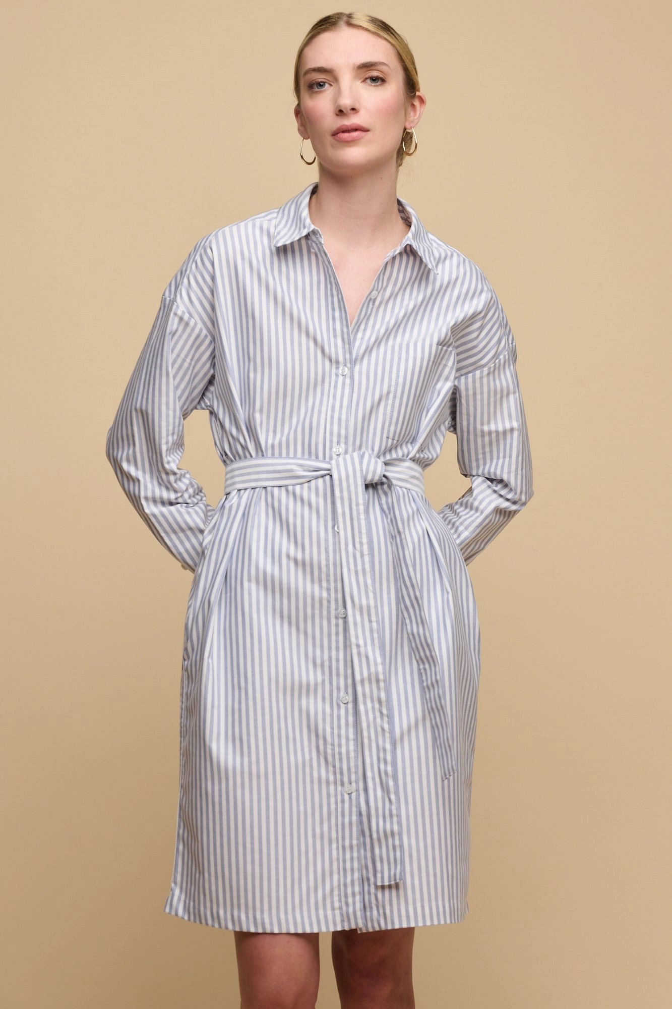 Texture Style Women's Lorelle Belted Midi Cotton Shirt Dress - Blue/White