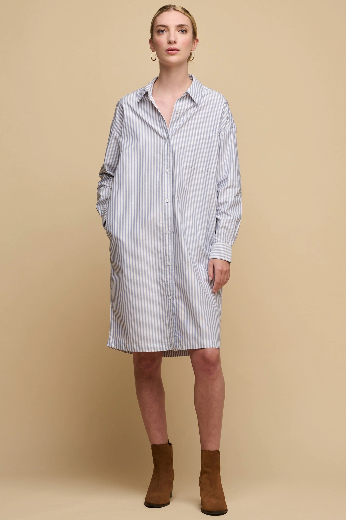 Women's Lorelle Belted Midi Cotton Shirt Dress - Blue/White Casual weekend dress