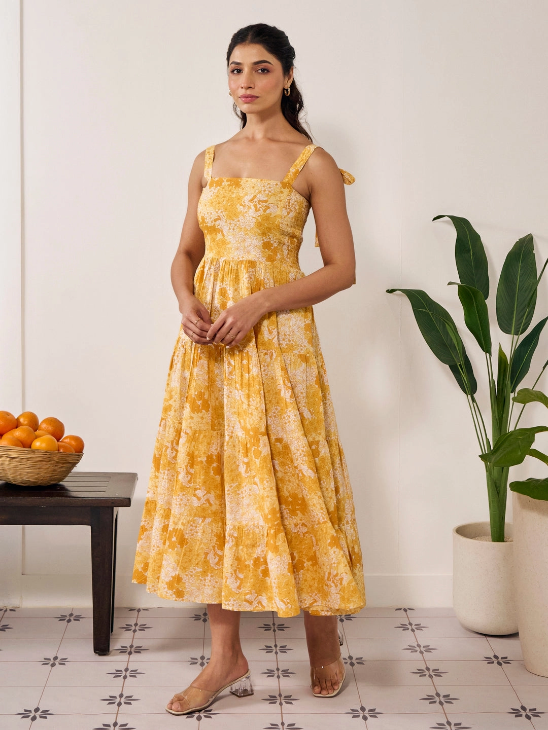 Women's Tier Style Long Flared Tie Up Dress Skin Glow Long Lines