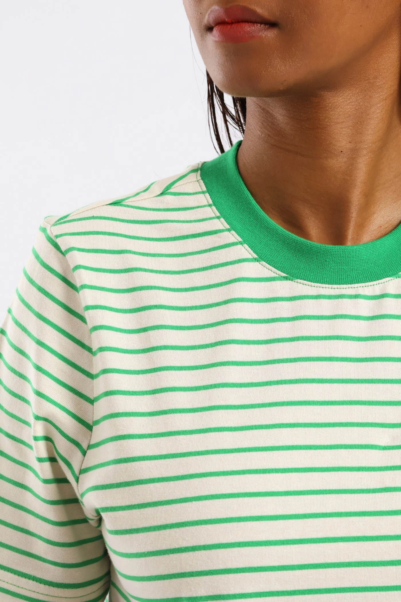Boxy Plain Rib Neck Skinny Stripe Tee - Cream/Green CompressionTechnology Noise Reducing Fabric Treatment