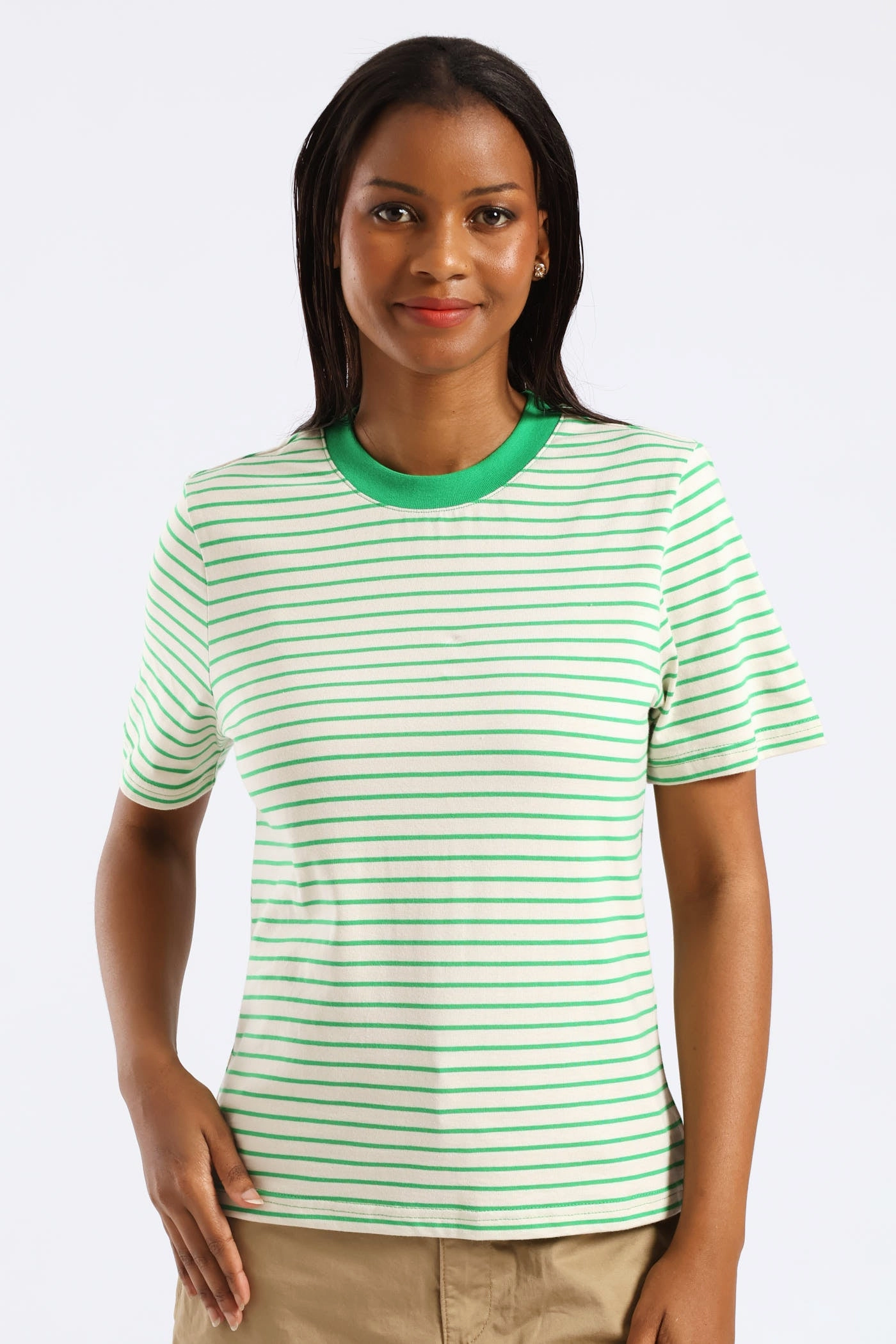Elastic Edge Binding Boxy Plain Rib Neck Skinny Stripe Tee - Cream/Green