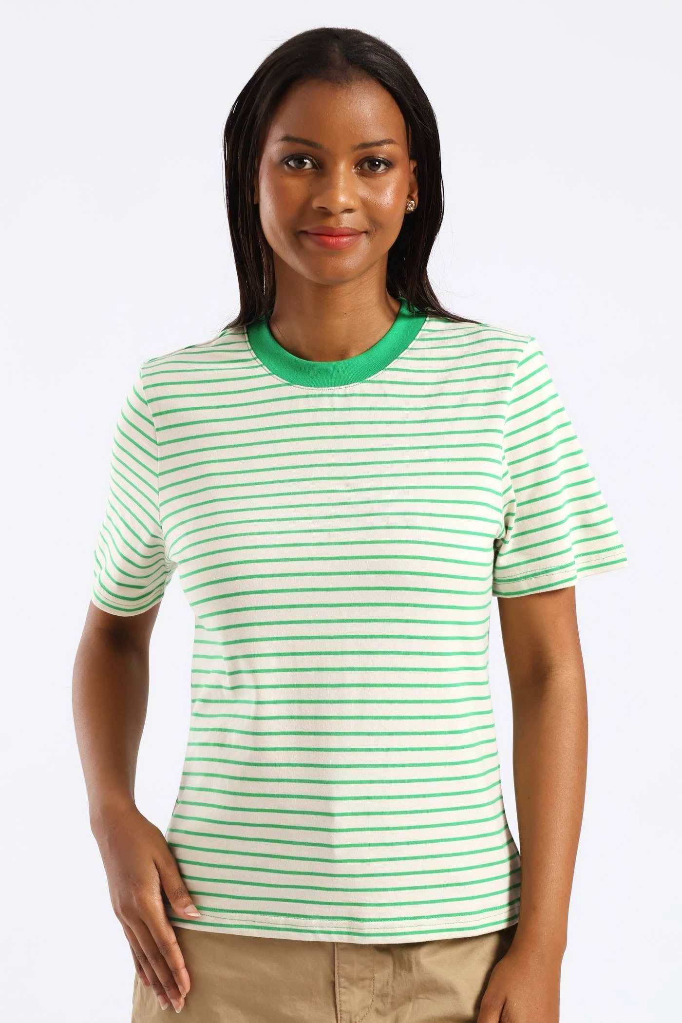 Multipanel Construction Contrast Stitch Detailing Boxy Plain Rib Neck Skinny Stripe Tee - Cream/Green