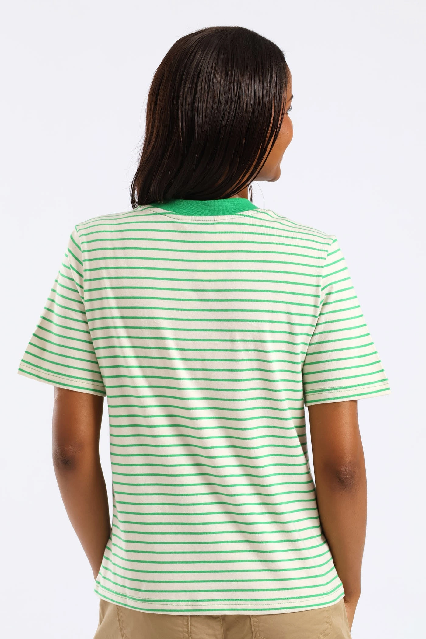 Flexible Waistband Adaptation Active Wear Boxy Plain Rib Neck Skinny Stripe Tee - Cream/Green