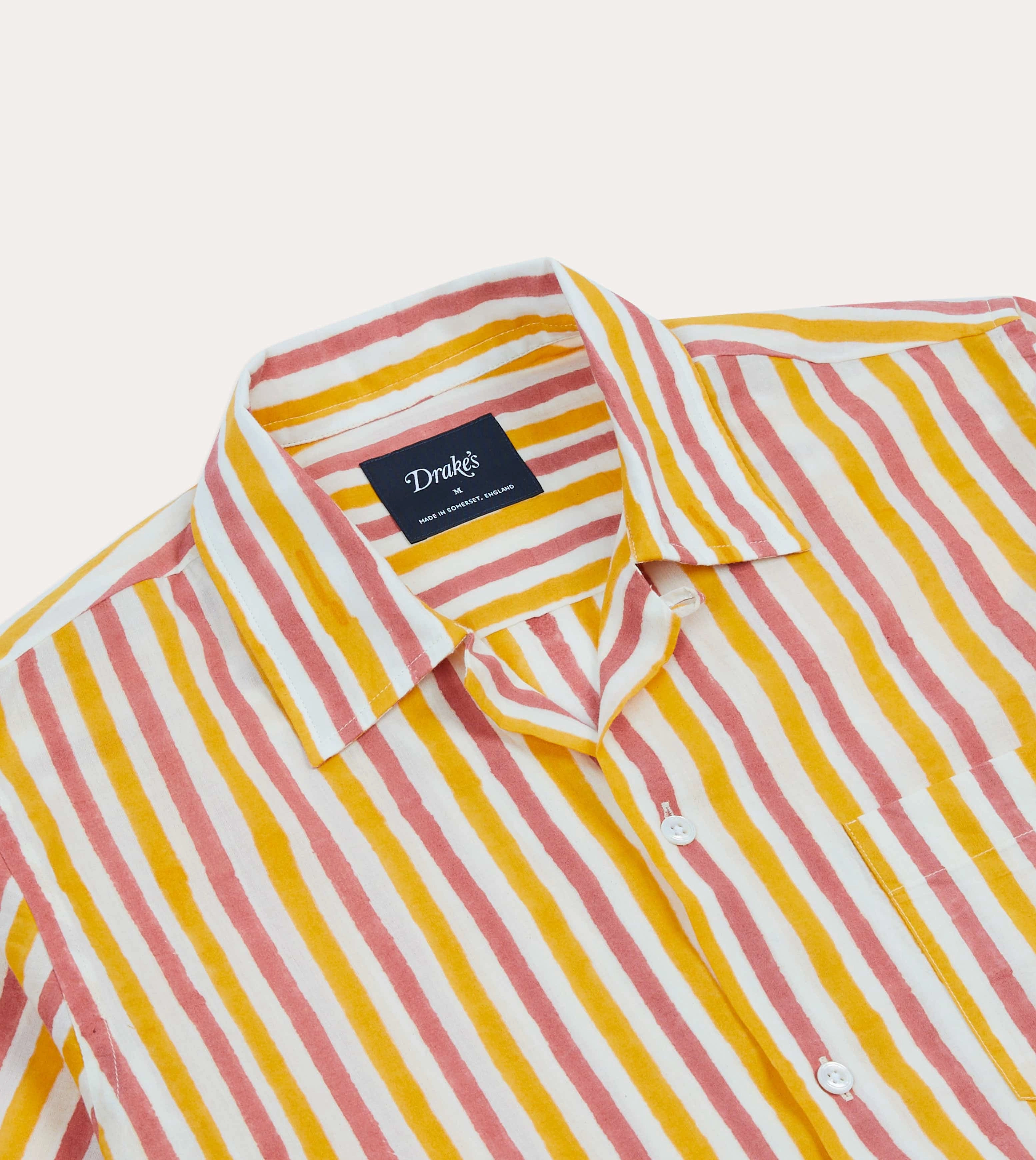 Flexible Material Yellow and Pink Stripe Block Print Cotton Camp Collar Short Sleeve Shirt