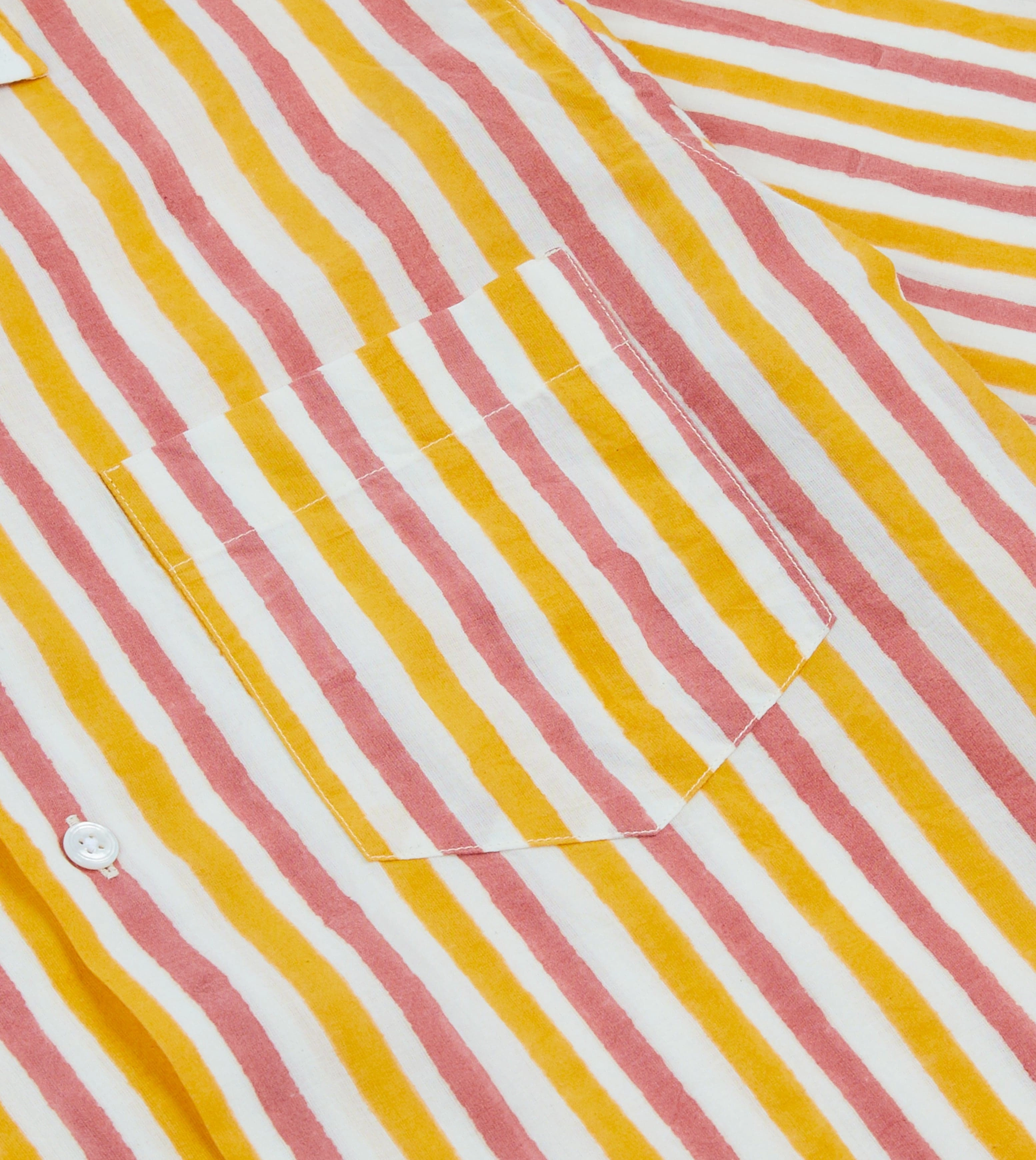 Yellow and Pink Stripe Block Print Cotton Camp Collar Short Sleeve Shirt Abrasion Resistant Edges Trendsetting Design