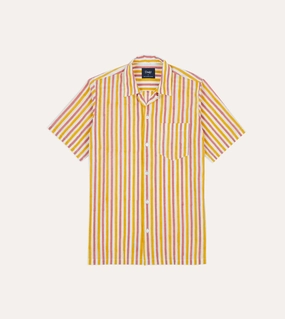 Statement Maker Yellow and Pink Stripe Block Print Cotton Camp Collar Short Sleeve Shirt