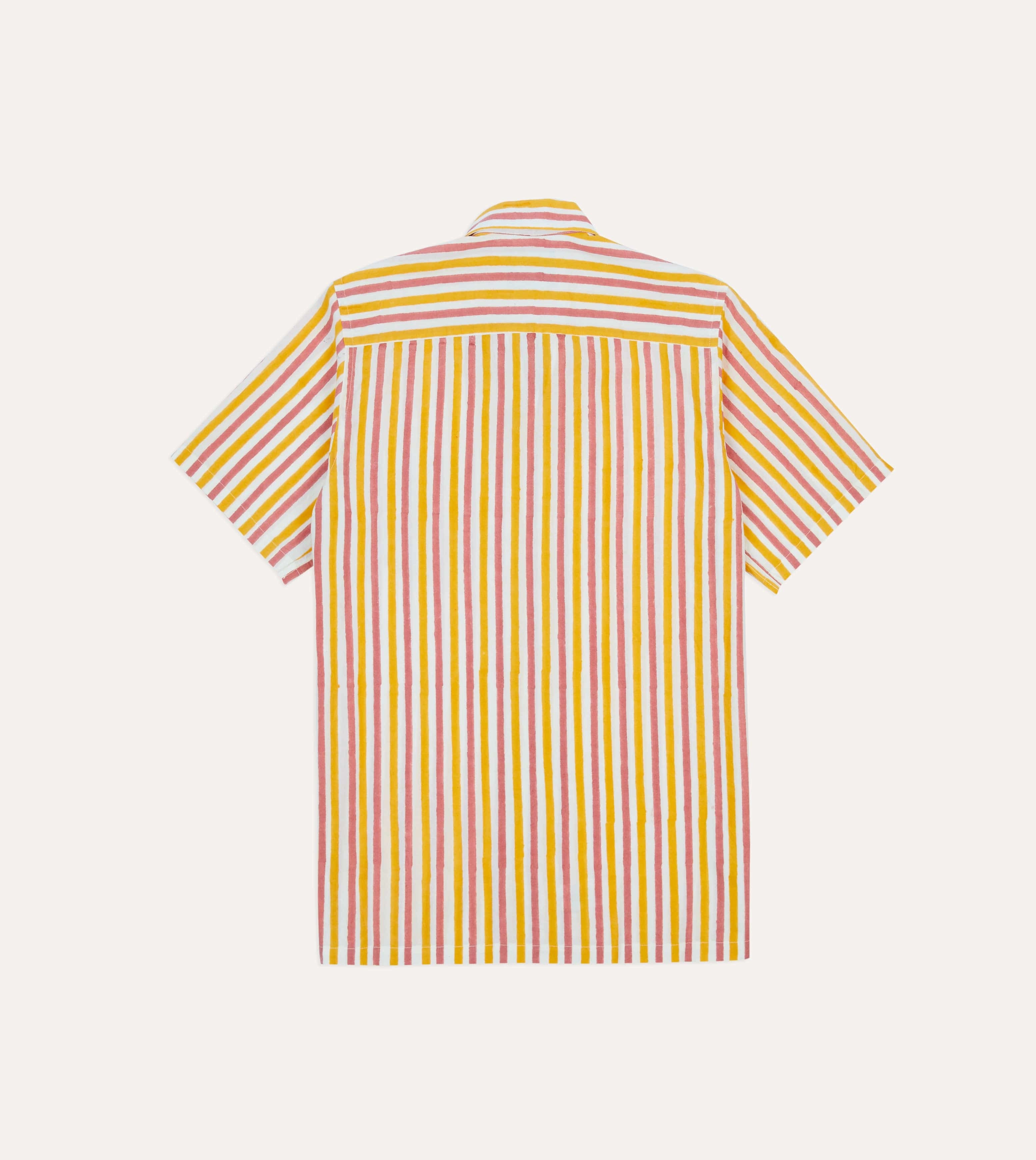 Animal Print Yellow and Pink Stripe Block Print Cotton Camp Collar Short Sleeve Shirt