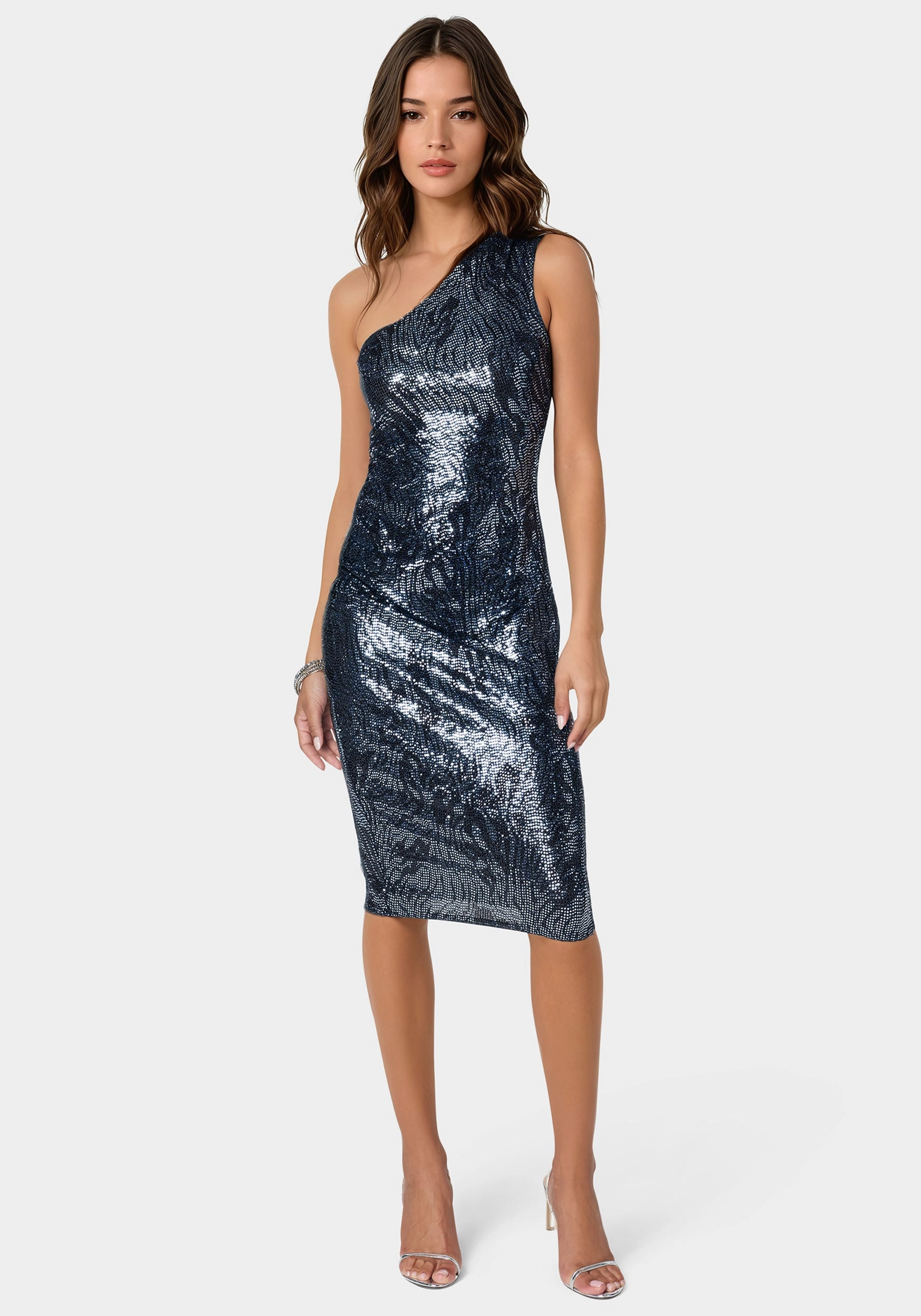 Zebra Sequin One Shoulder Midi Dress Soft Structure Evening Motion