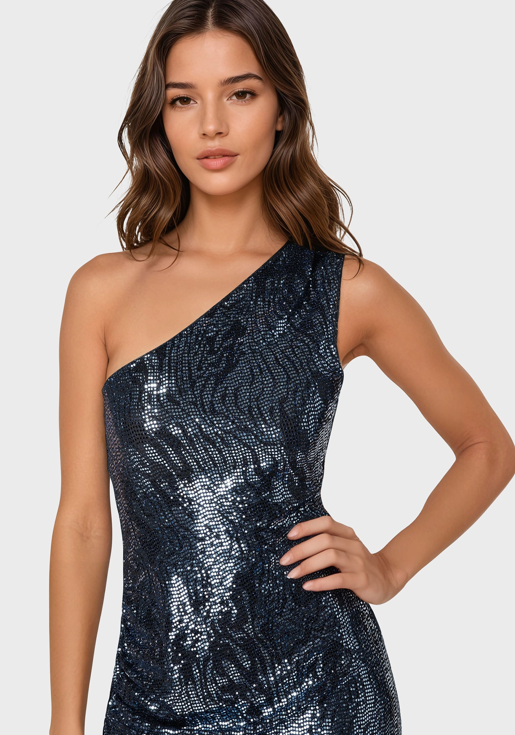 Date Ready Timeless Appeal Zebra Sequin One Shoulder Midi Dress