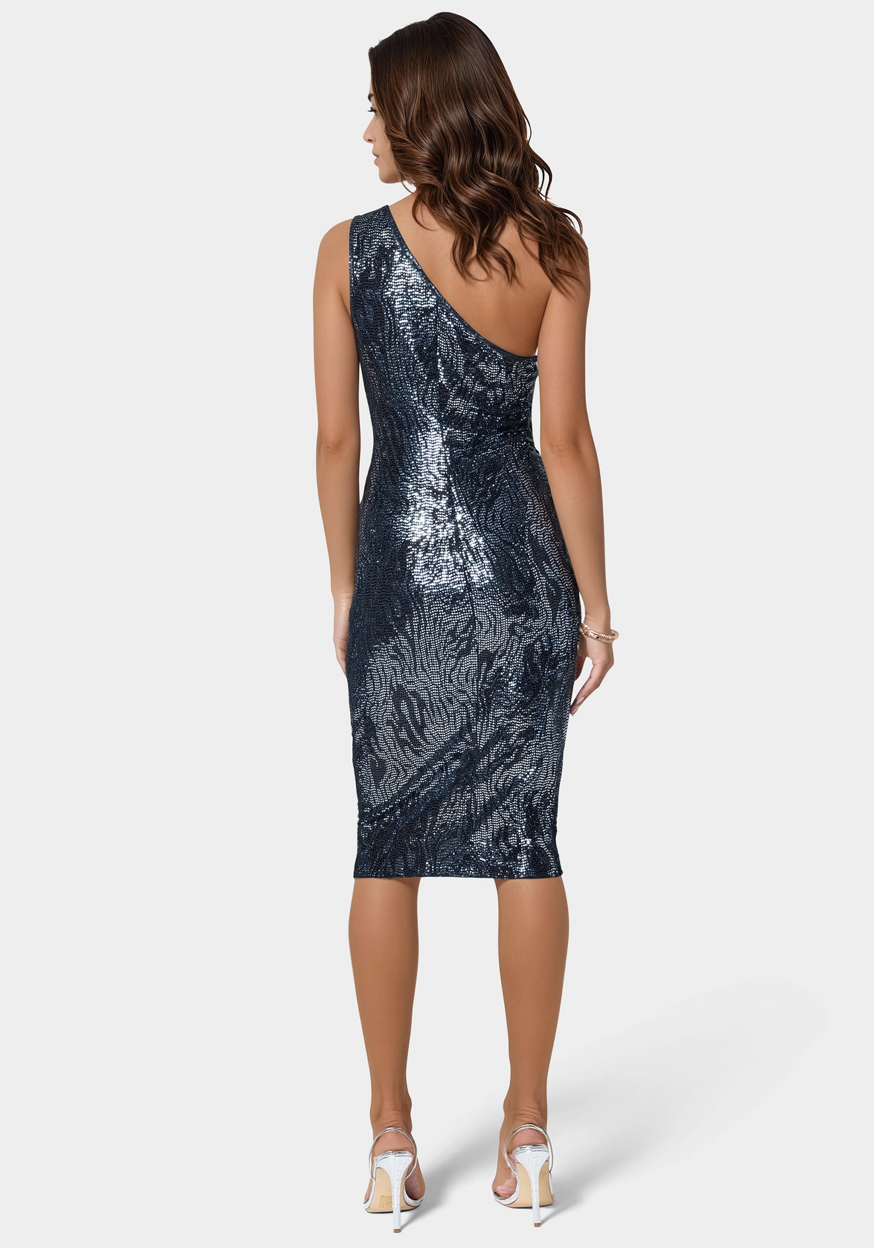 Love Glow Flattering and Chic Zebra Sequin One Shoulder Midi Dress