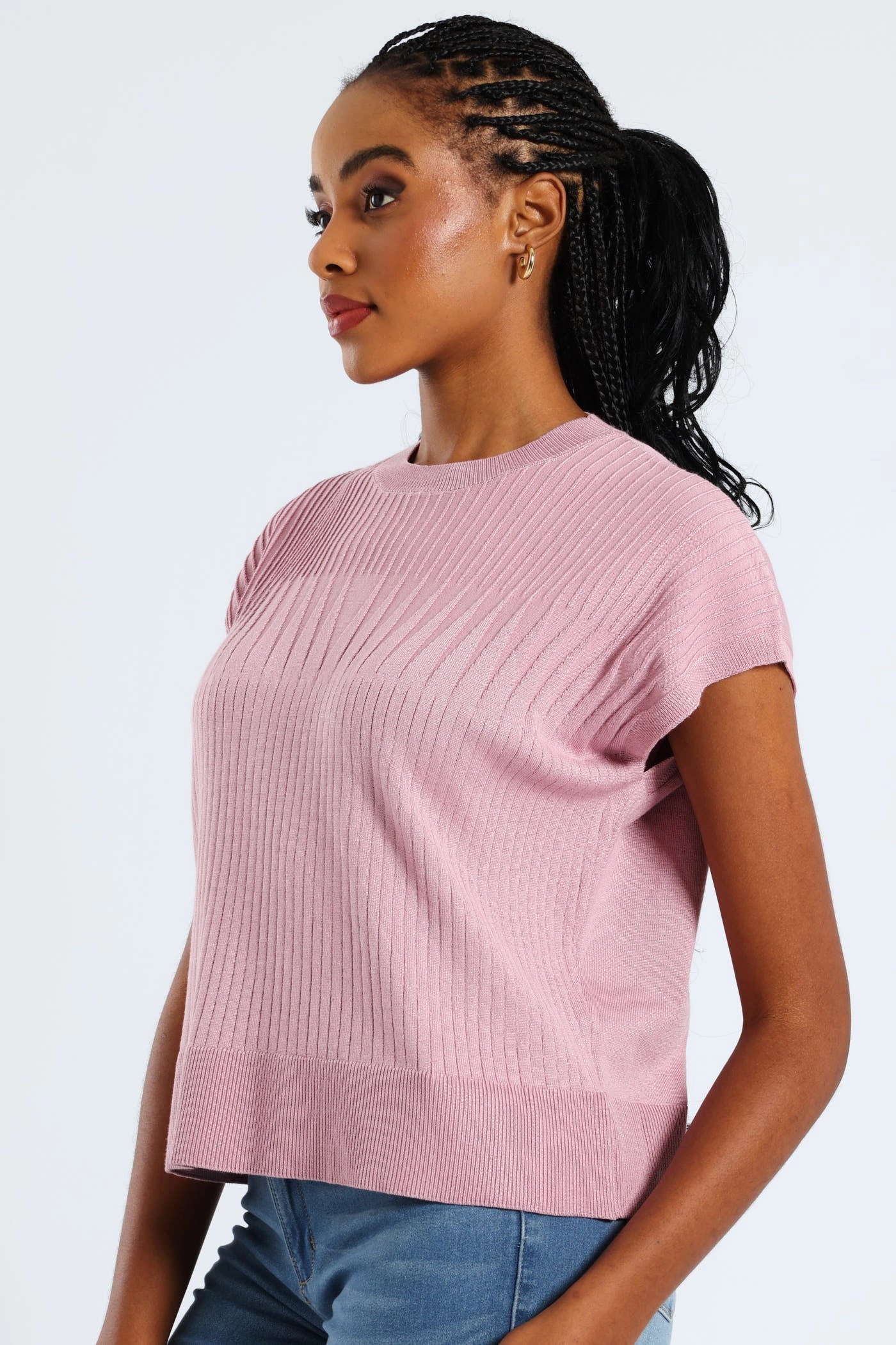 Compression Fit Zig-Zag Yoke Pointelle Grown On Sleeve Tee - Mauve