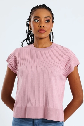 Rubberized grip Zig-Zag Yoke Pointelle Grown On Sleeve Tee - Mauve