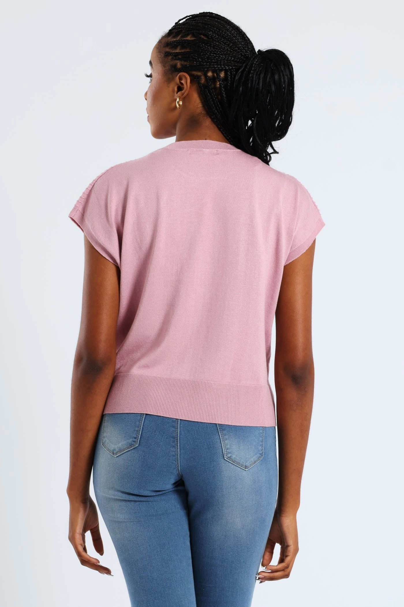 Organic Cotton Blend AntiPillingFinish Zig-Zag Yoke Pointelle Grown On Sleeve Tee - Mauve