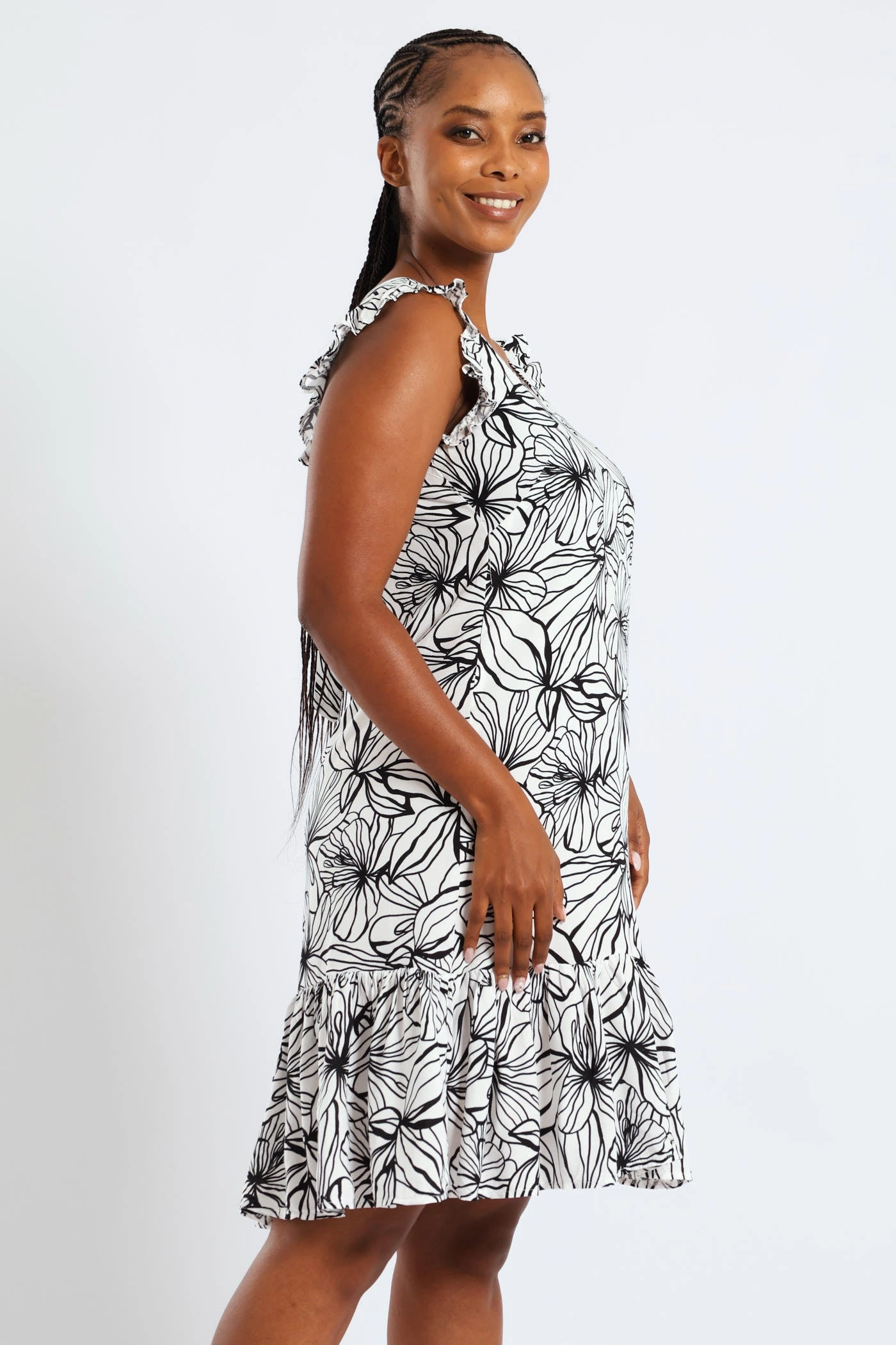 V-Neck Frill Sleeve Drop Hem Printed Mini Dress - White/Black Natural Aesthetic