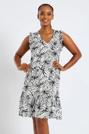 V-Neck Frill Sleeve Drop Hem Printed Mini Dress - White/Black Square Neck Flattering Silhouette Wear